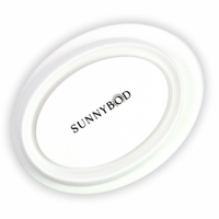 A picture of the bottom of a white SUNNYBOD™ Silicone Brush Cleaning Bowl. The picture is a flat lay view of the bowl bottom. The bottom of the bowl has a black logo written in capital letters which reads "SUNNYBOD".