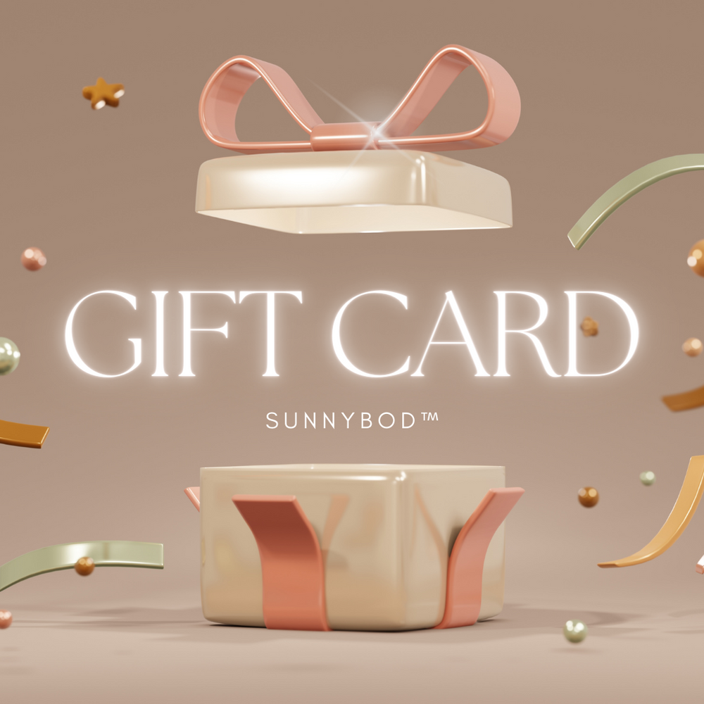 An image of a gift box with its lid remove with the words SUNNYBOD™ gift card popping out of the gift box.