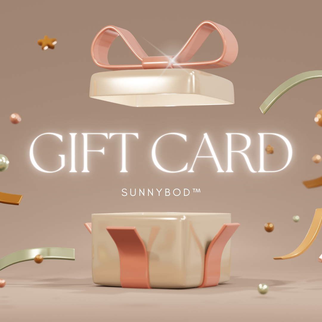 An image of a gift box with its lid remove with the words SUNNYBOD™ gift card popping out of the gift box.