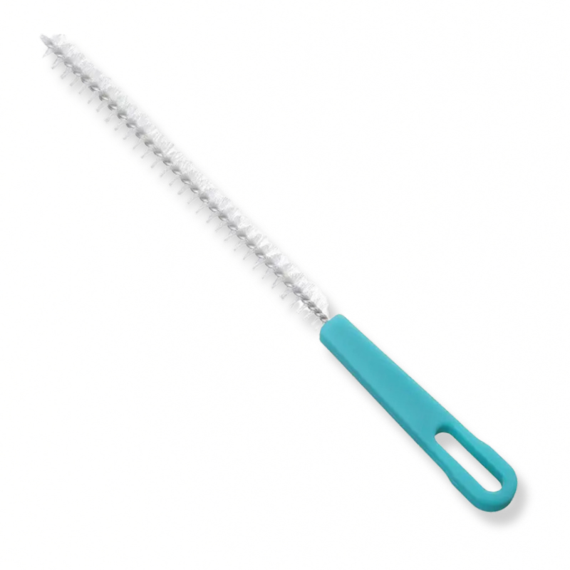 A picture of a SUNNYBOD™ canister cleaning brush. The brush is an accessory used to clean the SUNNYBOD™ Refillable Sunscreen Brush. The brush handle is light turquoise and the brush bristles are clear. The cleaning brush is diagonally positioned from the top left corner to the bottom right corner of the image on a white background.