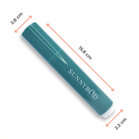 A product picture of a SUNNYBOD™ Refillable Sunscreen Brush Applicator. The brush is turquoise in colour. The handle has the word "SUNNYBOD" written in white capital letters. The brush is placed on a white background. The product measurments are 15.8cm long by 2.8cm wide. The brush hold 20mls of susncreen.