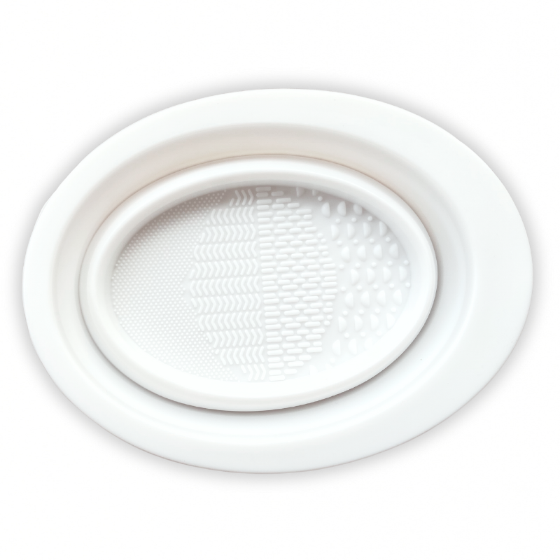 A picture of the top side of a white SUNNYBOD™ Silicone Brush Cleaning Bowl. The picture is a flat lay view of the bowl top. The bottom of the bowl has a black logo written in capital letters which reads "SUNNYBOD".