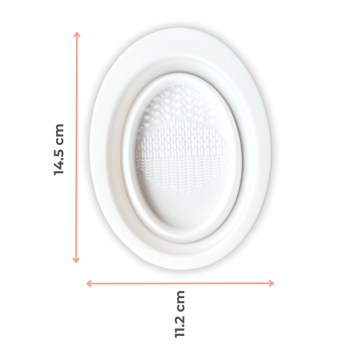 A measurments picture of the top side of a white SUNNYBOD™ Silicone Brush Cleaning Bowl. The picture is a flat lay view of the bowl top. The bowl measures 14.5 cm long by 11.2 cm wide. 