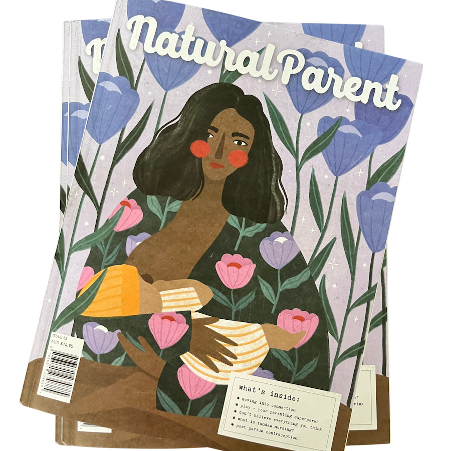 a picture of a magazine called The Natural Parenting Magazine. The magazine features SUNNYBOD's Refillable Sunscreen Brush in the issue.