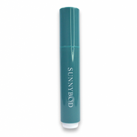 A product picture of a SUNNYBOD™  Refillable Sunscreen Brush Applicator. The brush is turquoise in colour. The handle has the word "SUNNYBOD" written in white capital letters. The brush is placed on a white background.